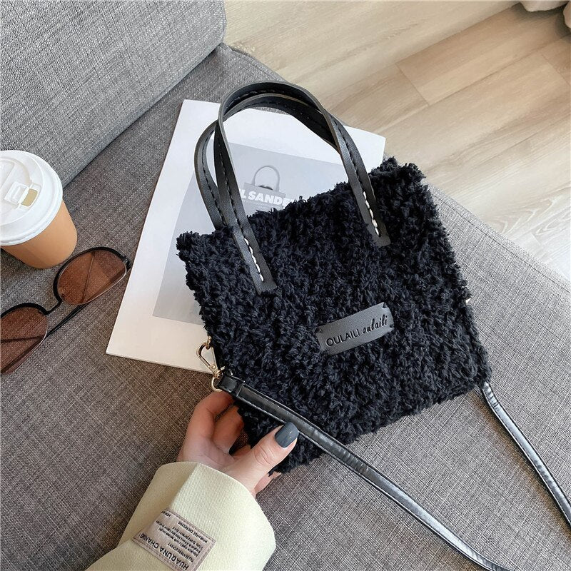 Women Winter Shoulder Bag Lamb Wool Warm Soft Autumn Ins Square Cross-body Portable Casual Self-made Hand-Woven Bag Material Bag