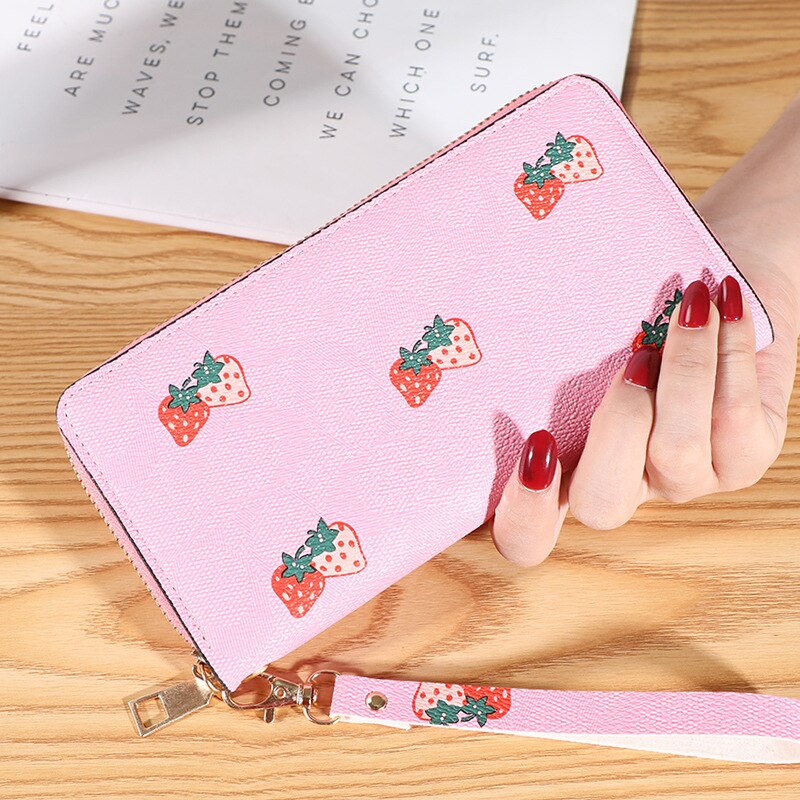 Strawberry Print Wrist Wallets Zipper Coin Long Purse Handbag Women Clutch PU Leather Moneybag Billfold Phone Card Holder Wallet