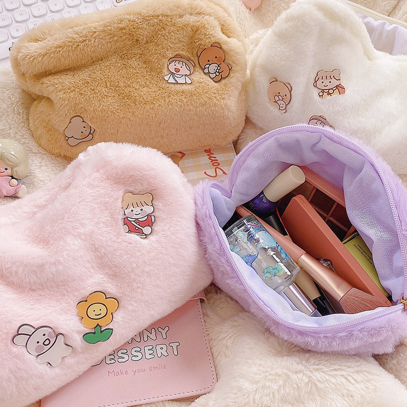 New Korea Fashion Women Pearl Cosmetic Bag  Japanese Cute Ins Bear Dog Pencil Makeup Storage Organizer Bag Pouch For Girls Bag