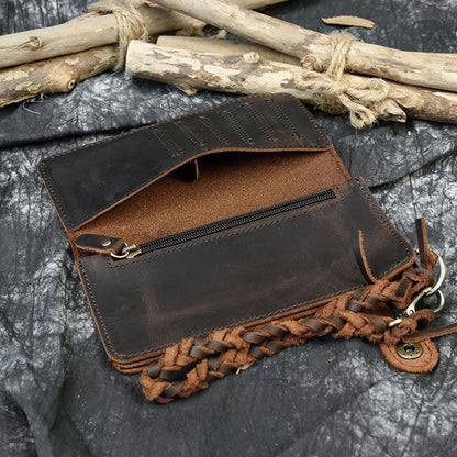 Vintage Hasp Open Genuine Cow Leather Men Wallet Large Capacity Crazy Horse Real Leather Man Bifold Purse Clutch Wallet chain