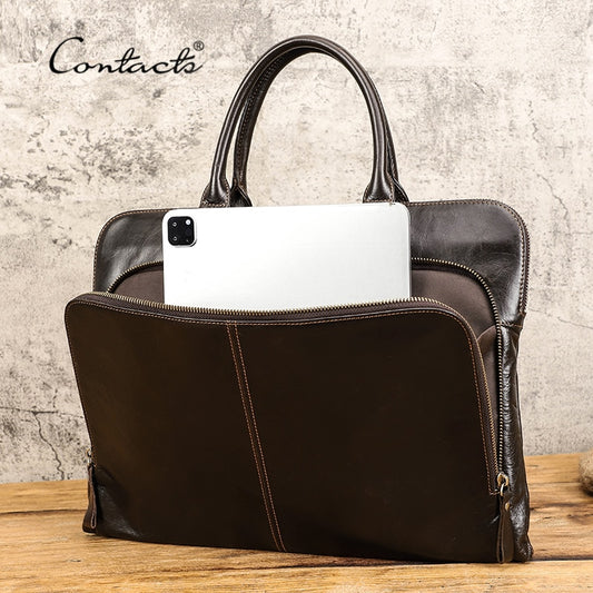 CONTACT&#39;S Business Men Laptop Bag for 15 inch Genuine Leather Briefcase Large Capacity Handbag Leather Computer Laptop Bags Male