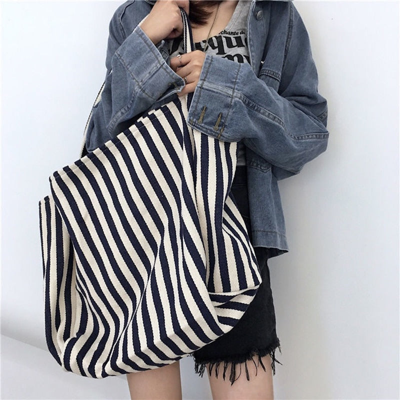 Women Canvas Shopping Bags Large Capacity Grocery Bag Shoulder Bags Handbag Tote Bag Casual Ladies Striped Shoulder Bag