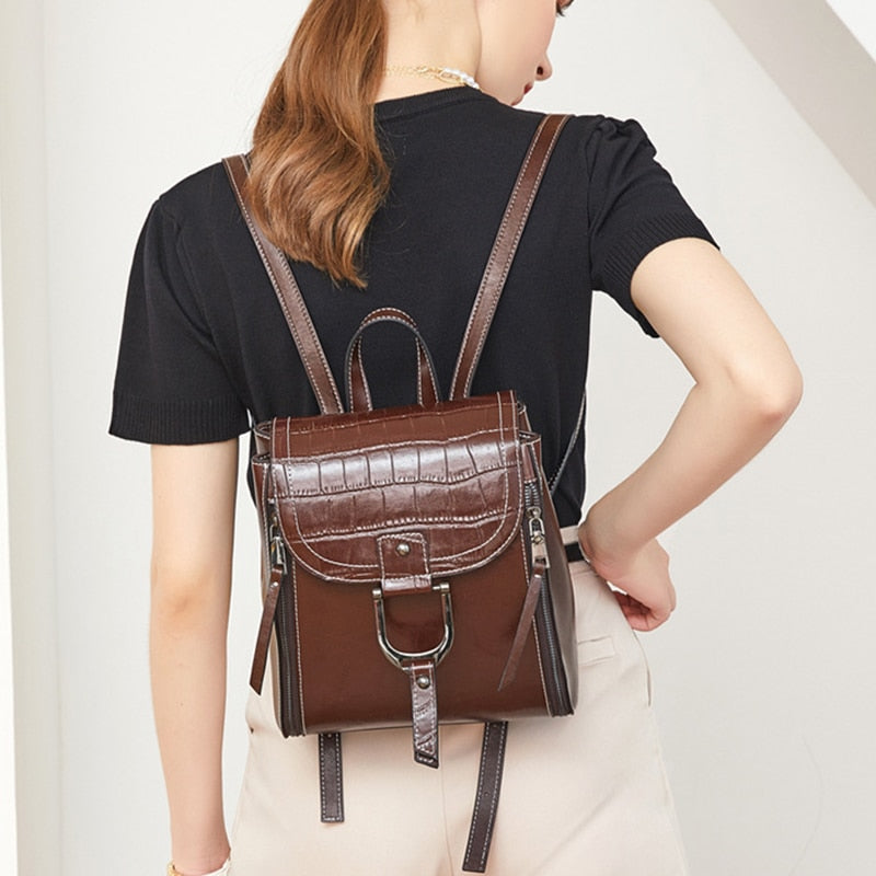 Genuine Leather Women Backpack Rucksack Simple Fashion Grils School Book Bag Mini Oil Wax Cowhide Daypack Knapsack