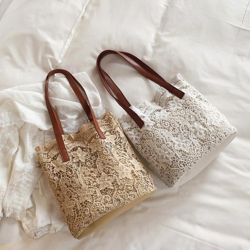 Sweet Lace Hollow Out Handbags Shoulder Bags Women Popular School Bags Summer Beach Casual Totes Bags Camel White