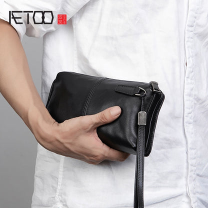 AETOO Men&#39;s handbags, men&#39;s leather soft leather casual handbags, long zip-up wallets, leather mobile phone bags