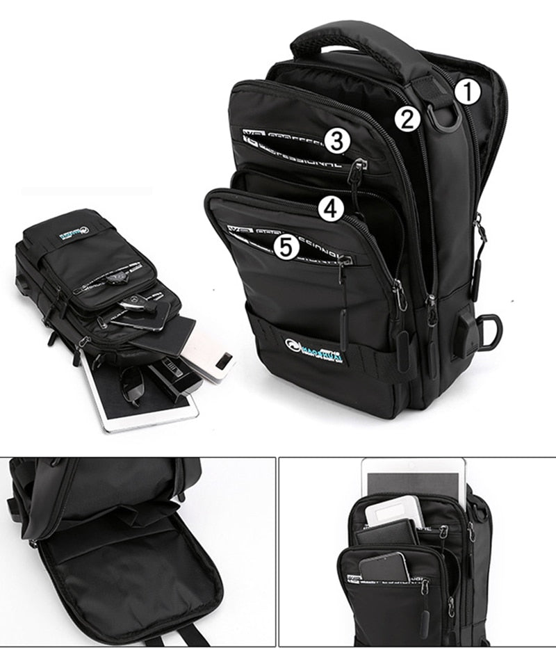 Male Nylon Knapsack Daypack Messenger Chest Bags with USB Charging Port Small Men Sling Backpack Rucksack Bag