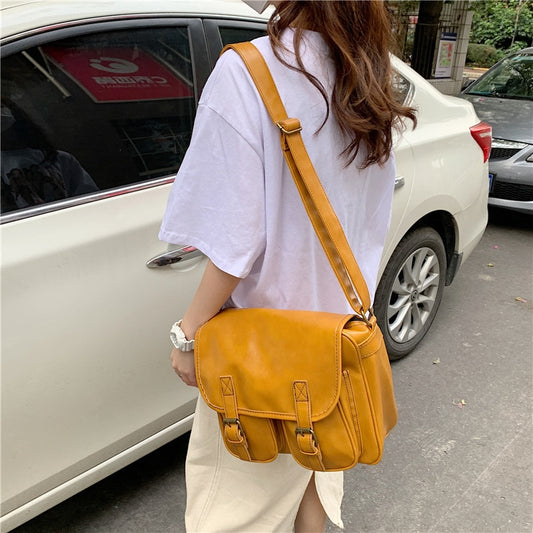 Women/Men Vintage Yellow Preppy Large Satchels Students Messenger Bags Oiled Soft Leather Wide-strap Crossbody/Shoulder Bags