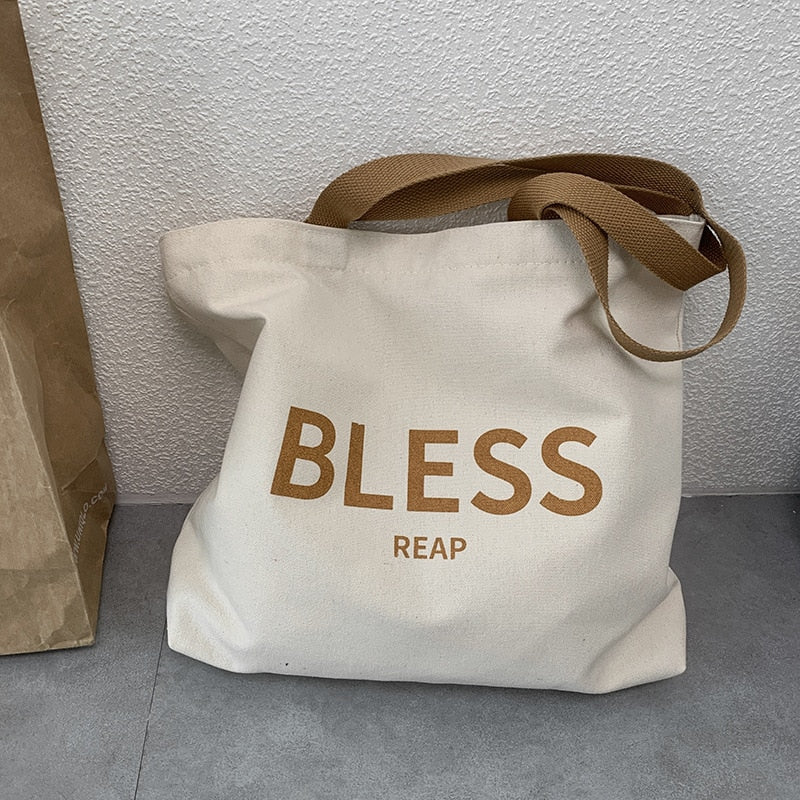 Women Student Canvas Shoulder Shopper Bag Large &quot;Bless&quot; Letter Cotton Cloth Ladies Handbag Eco Reusable Shopping Bag