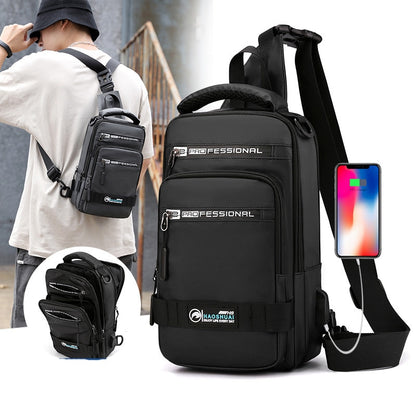 Male Nylon Knapsack Daypack Messenger Chest Bags with USB Charging Port Small Men Sling Backpack Rucksack Bag