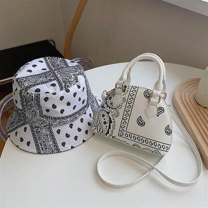 Fashion PU Leather Small Crossbody Shoulder Bag For Women Luxury Handbags Ladies Cashew Flower Fisherman&#39;s Hats and Handkerchief