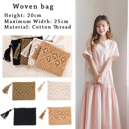 Women&#39;s Bohemian Style Straw Woven Day Clutches Bags Fashionable Simple Tassel Causal Handbag Vintage Beach Bag For Women Girl