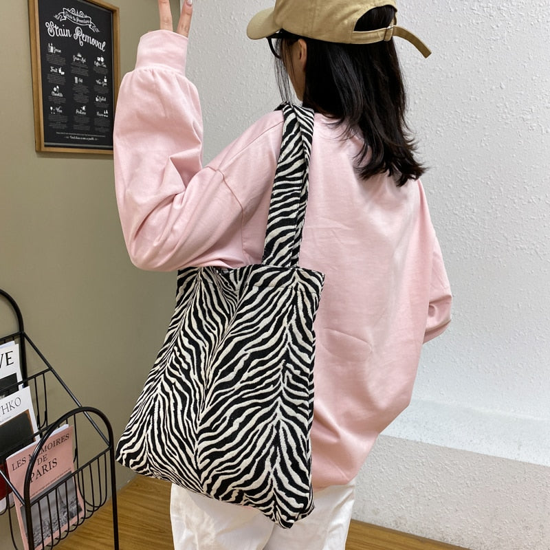 Black Zebra Striped Women Shoulder Bags Shopper Large Capacity Canvas Bag Students Vintage Stylish Simple Underarm School Pouch