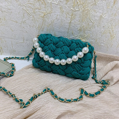 purses and handbags Handmade Cotton Crochet Women's Bag Pearl Chain Mini Portable Shoulder/Crossbody Bag