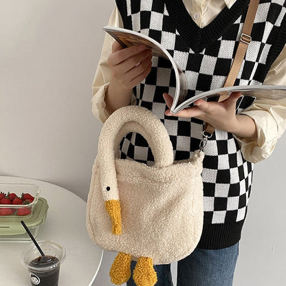 Cute Cartoon 3D Creative Goose Women&#39;s Shoulder Bag for Winter New Fashion Solid Soft Plush Sweet Female&#39;s Crossbody Bag