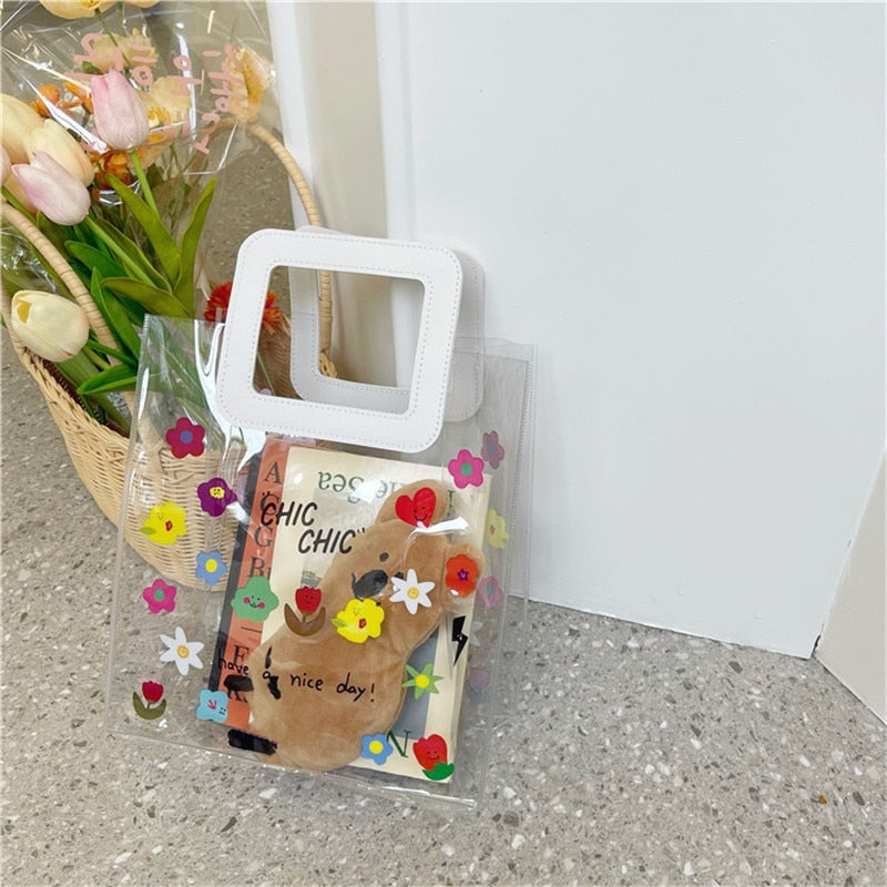 Fashion Flower Summer Transparent Handbags Women Mini Clear Ladies Korean Ins Floral Tote Hand Bag PVC Female Sac Beach Pochette