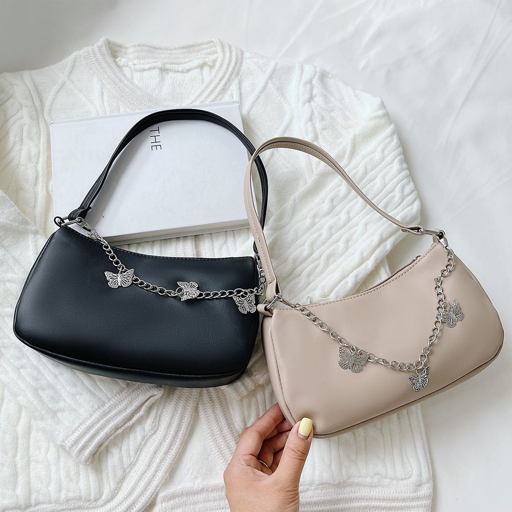 Fashion Women Butterfly Chain Shoulder Underarm Bags Casual Ladies Pure Color Small Purses Handbags Elegant PU Leather Hobo Bags
