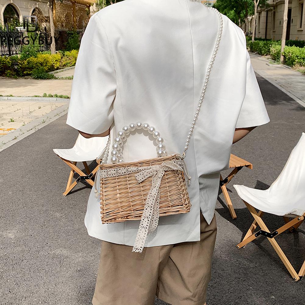Casual Summer Rattan Woven Women Shoulder Crossbody Bags Fashion Pearl Chain Basket Drawstring Ladies Small Top-handle Handbags