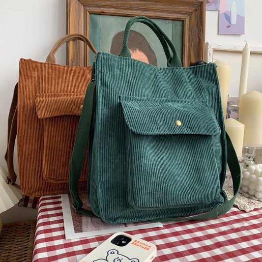 Corduroy Shoulder Bag Women Vintage Shopping Bags Zipper Girls Student Bookbag Handbags Casual Tote With Outside Pocket