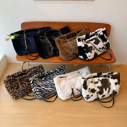 Leopard Plush Tote Bags For Women High Capacity Soft Fluffy Bag Korean Fashion Furry Handbag Big Chain Fur Shoulder Bag Sac