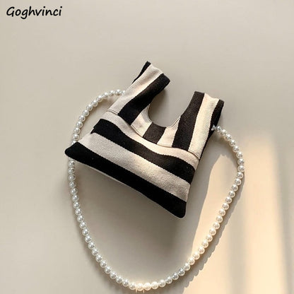 Shoulder Bags Women Vintage Striped Canvas Bag Pearls Beading Cross Body Cute Korean Style Design Handbags Female Elegant Chic