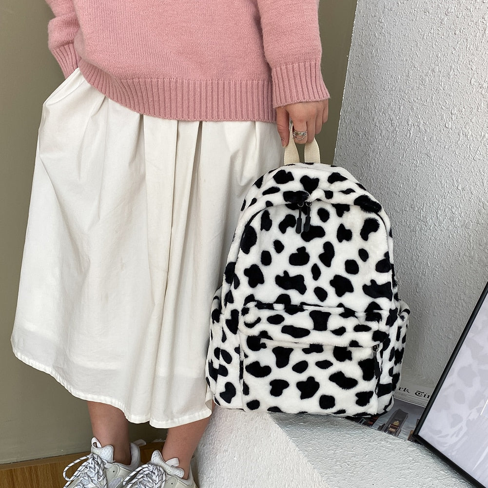 New Winter Women Warm Plush Backpack Teenager Girls School Bag Fashion Cow Print Backpacks Female Multi-Pockets Travel Bag