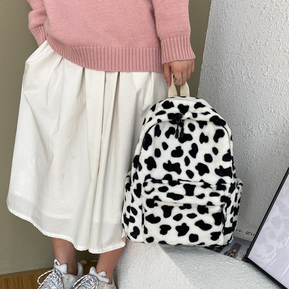 New Winter Women Warm Plush Backpack Teenager Girls School Bag Fashion Cow Print Backpacks Female Multi-Pockets Travel Bag