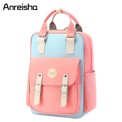 Anreisha women school backpack girls waterproof laptop backpack canvas Pink Patchwork school backpacks bags for teenage girls