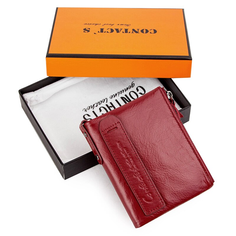 Contact&#39;s Genuine Leather Wallet Women Coin Pocket Double Zipper Card Holder Money Bags Fashion Ladies Small Purses Mini Wallet