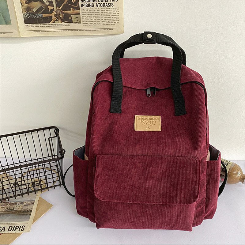 Hylhexyr Canvas Cotton Knapsack Corduroy Daypack Soft Portable Casual School Backpack Bag For Kids and Teenager Solid Color