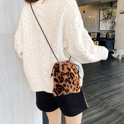 Fashion Cow Milk Leopard Printed Plush Crossbody Bags for Women Girl Drawstring Shoulder Bucket Bags Mini Small Money Pouch