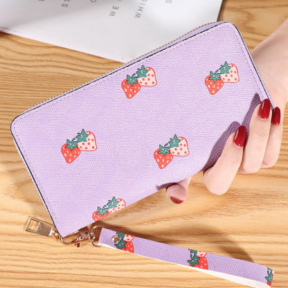 Strawberry Print Wrist Wallets Zipper Coin Long Purse Handbag Women Clutch PU Leather Moneybag Billfold Phone Card Holder Wallet