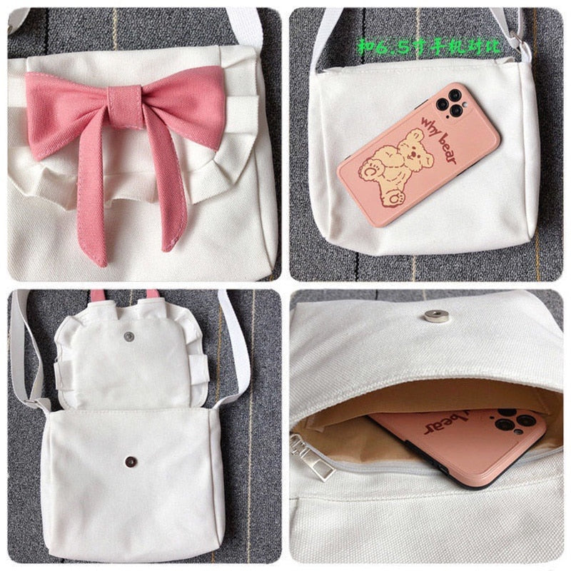 Lolita Fashion Bow Women Shoulder Bag Canvas Retro Casual Messenger Bag JK Girl Crossbody Bag Shopping Bag Dropshipping