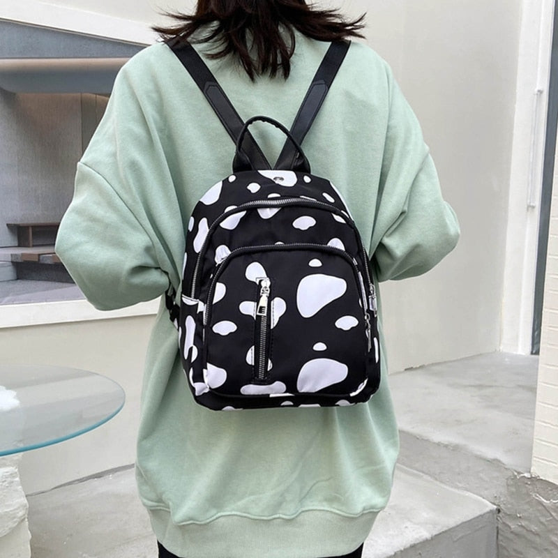 Kawaii Cow Print Small Backpack Women Girls Mini Cute School Bookbag Female Nylon Casual Rucksack Daypack Travel Shoulder Bag