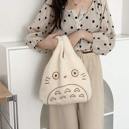 Cartoon Totoro Embroidery Lamb Fabric Handbag for Women Girls Japan INS Shoulder Bag Tote Bag Soft Fur Shopper Bag