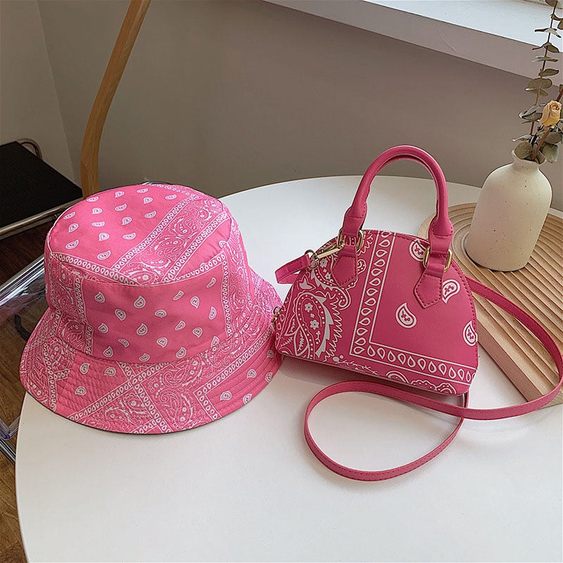 Fashion PU Leather Small Crossbody Shoulder Bag For Women Luxury Handbags Ladies Cashew Flower Fisherman&#39;s Hats and Handkerchief