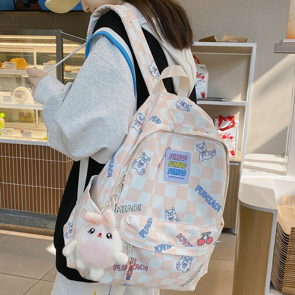 Fashion New Lady Lattice Travel Cartoon Bag Female Plaid Cute College Backpack Trendy Women Bag Girl Cool Kawaii Laptop Backpack