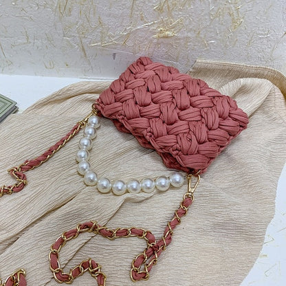 purses and handbags Handmade Cotton Crochet Women's Bag Pearl Chain Mini Portable Shoulder/Crossbody Bag