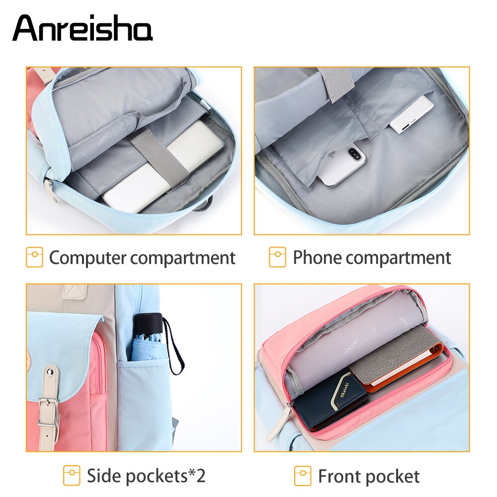 Anreisha women school backpack girls waterproof laptop backpack canvas Pink Patchwork school backpacks bags for teenage girls