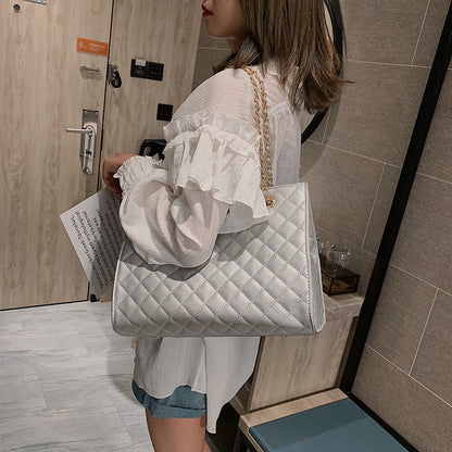 Fashion Silver Plaid Shoulder Women&#39;s Bag Luxury Leather Shopper Crossbody Bag Lattice Messenger Handbag Lady Big Chain Tote Bag