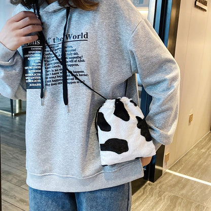 Fashion Cow Milk Leopard Printed Plush Crossbody Bags for Women Girl Drawstring Shoulder Bucket Bags Mini Small Money Pouch