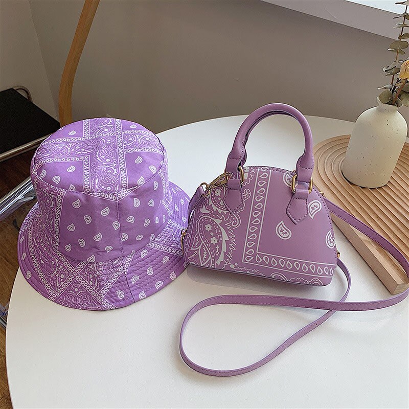 Fashion PU Leather Small Crossbody Shoulder Bag For Women Luxury Handbags Ladies Cashew Flower Fisherman&#39;s Hats and Handkerchief