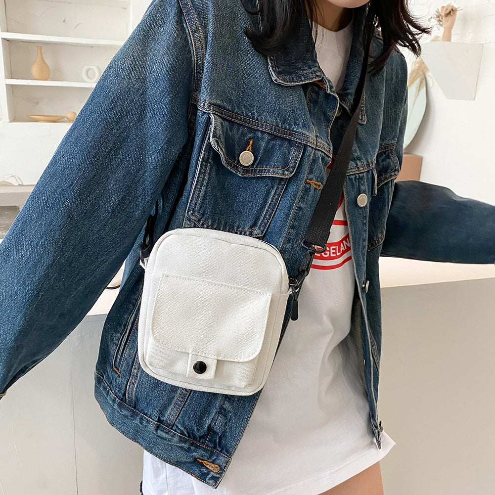 Fashion Women Canvas Shoulder Handbags Korean Solid Color Student Phone Purse Simple Zipper Small Messenger Crossbody Pouch