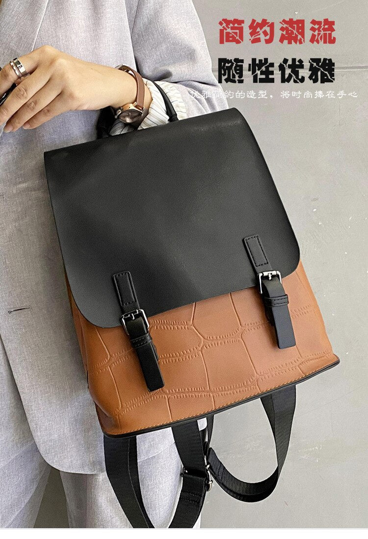 Backpack Women&#39;s New Leather Color Matching Cowhide Women&#39;s Bag Simple Backpack Women&#39;s Schoolbag