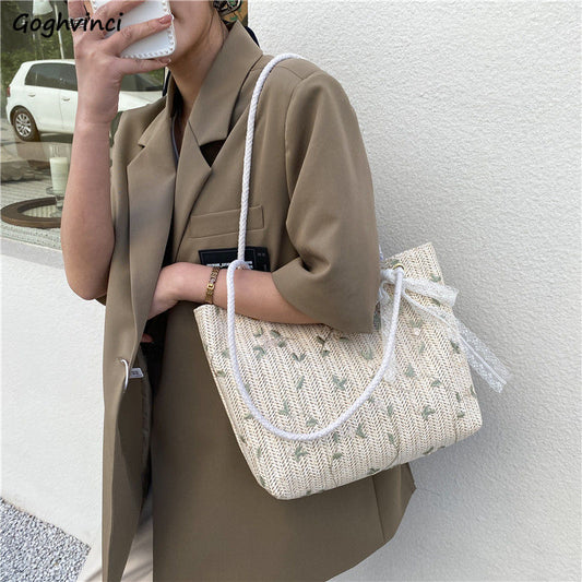 Large Capacity Tote Bags Women Linen Woven Embroidery Underarm Shopping Bag Korean Fashion Elegant Vintage Holiday Beach Style