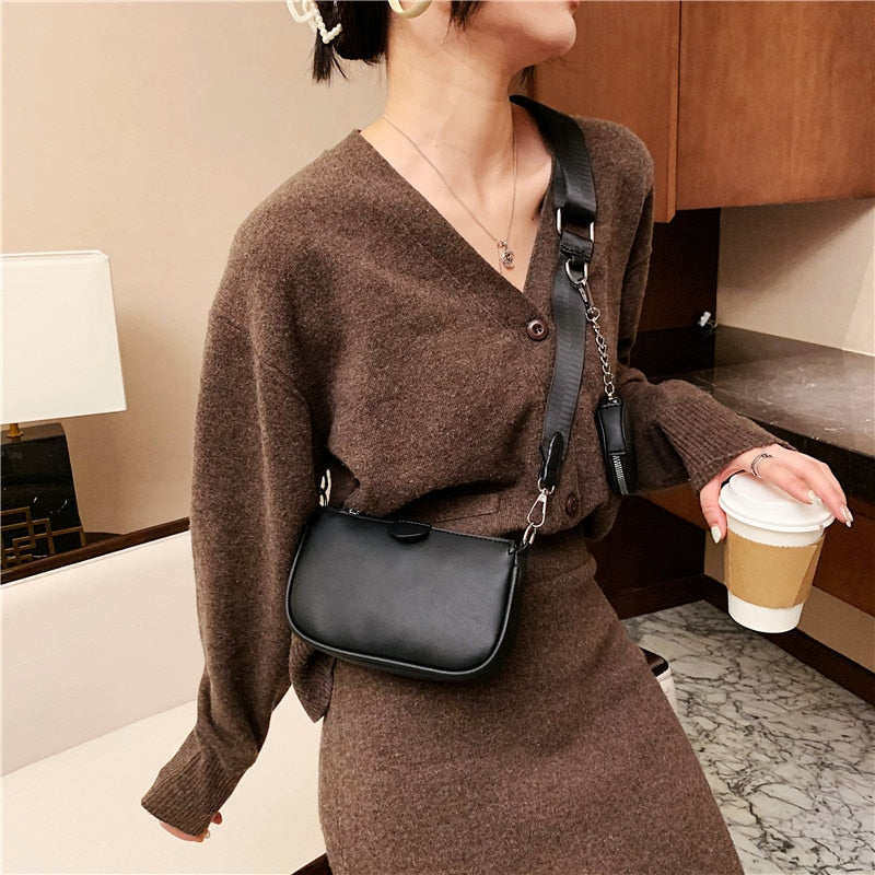 Fashion Black Shoulder Bags New Women Clutches Designer Leather Wide Shoulder Strap 2-IN-1 Messenger Bag Female Handbag