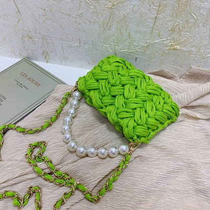 purses and handbags Handmade Cotton Crochet Women's Bag Pearl Chain Mini Portable Shoulder/Crossbody Bag