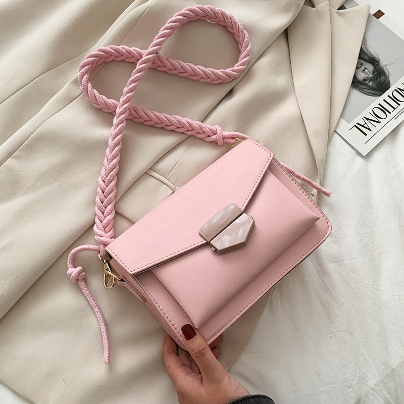 Fashion Small Shoulder Bags for Women Weave Strap Crossbody Flap Messenger Bag Purse Solid Color Female Handbag PU Leather Pouch