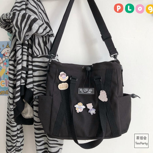 Women Shoulder Bag Nylon Messenger Bag Large Capacity Solid Color Handbag Tote Bag Women Student Bag Cute Cartoon Pendants