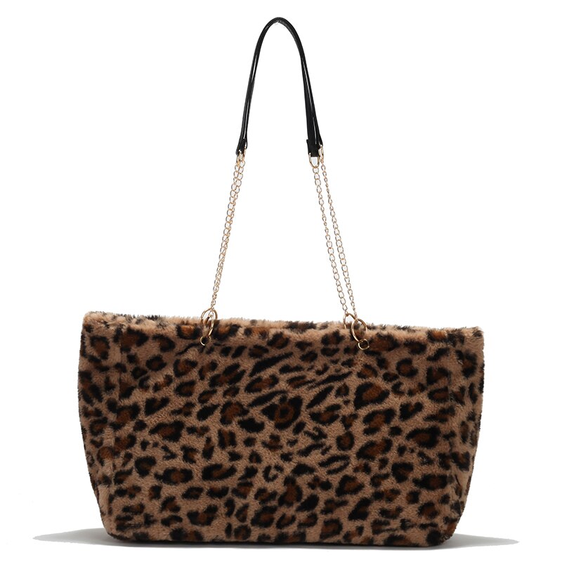 Leopard Plush Tote Bags For Women High Capacity Soft Fluffy Bag Korean Fashion Furry Handbag Big Chain Fur Shoulder Bag Sac