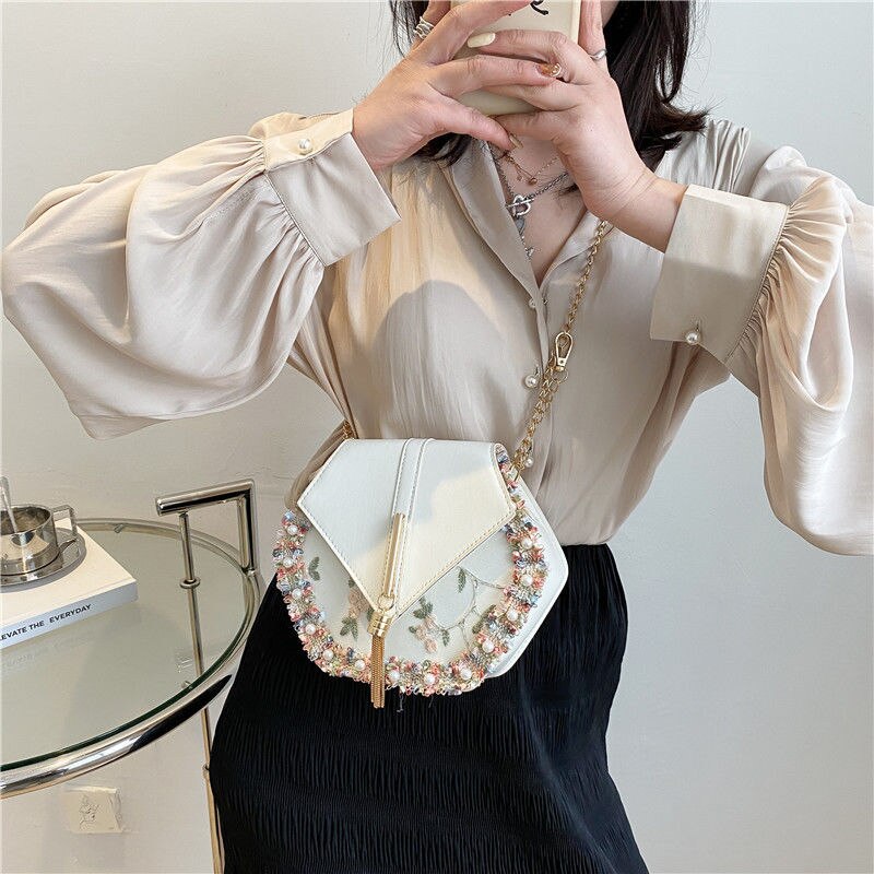 Women Shoulder Bags Embroidery Tassel Cross Body Chinese Style Fashion Retro Chain Bag Womens Elegant Sweet Ins Messenger Chic